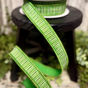 Ribbon for wreaths, John Mark designer ribbon, 1" , Mini Stripe dupion in green, 10YD, green white stripes, everyday ribbon, JME Ribbon