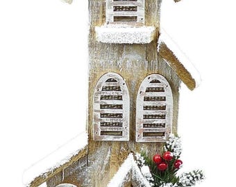 Iglesia de madera, decoración navideña, decoración de centro de mesa o corona, decoración de corona de invierno, iglesia de madera iluminada para coronas, iglesia de madera marrón