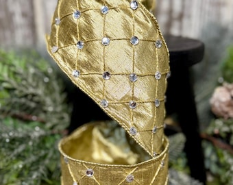 Ribbon for wreaths, Designer ribbon, 4" ribbon, Farrisilk ribbon, wired ribbon, Queen's Quilt in gold, Christmas ribbon, gold quilted ribbon