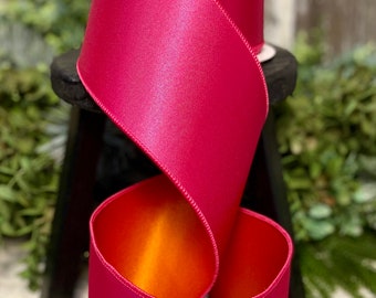 Spring ribbon, 10 YDS, Ribbon for wreaths, Farrisilk ribbon,4" ribbon, luxury ribbon, Satin ribbon, 2-tone Hot Pink and Orange,