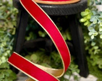 Ruban pour couronnes, ruban réversible, ruban de 2,5 cm, ruban de Noël, ruban métallique, ruban de velours, 10 m, velours économique, rouge/or