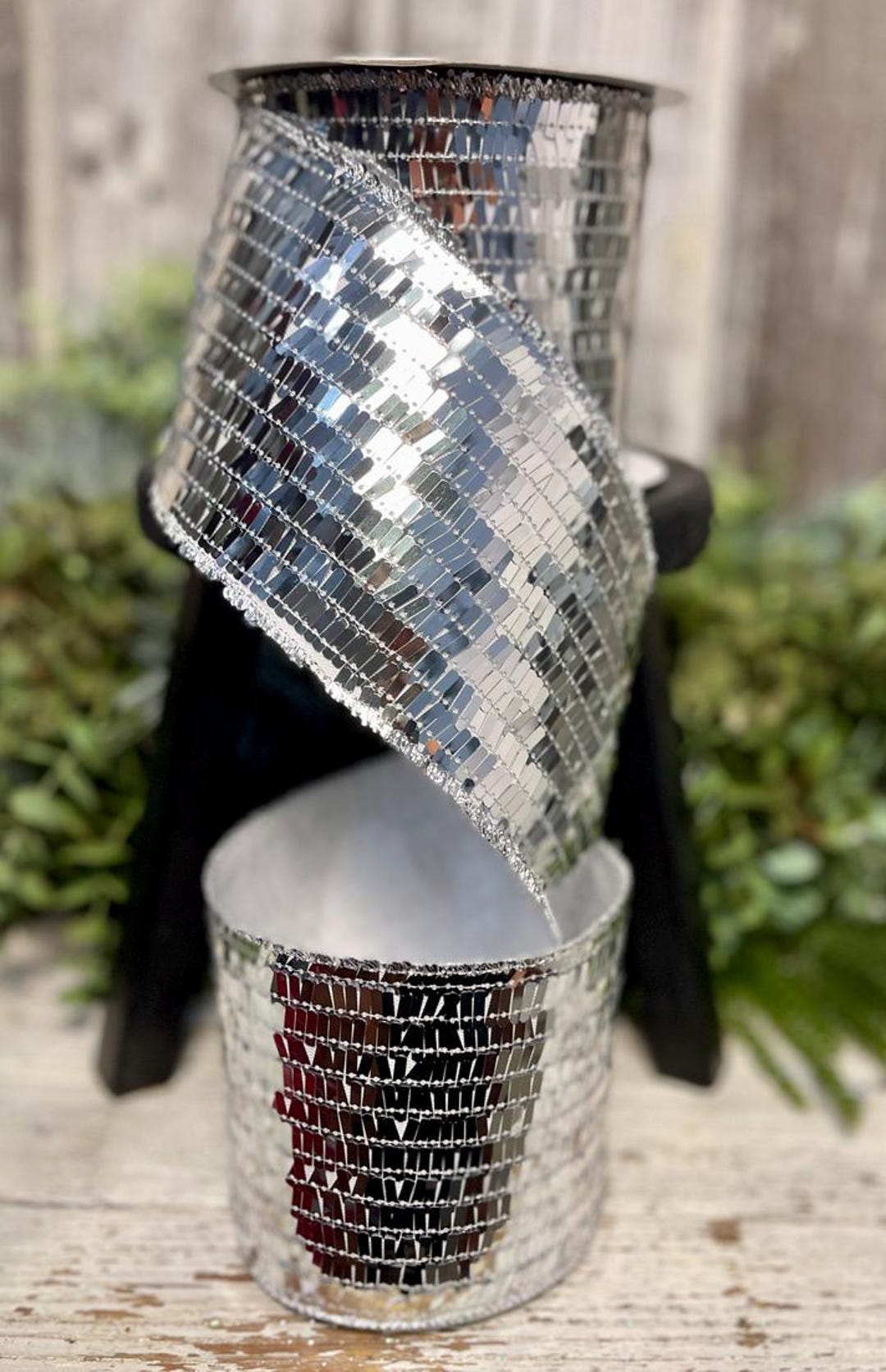Silver Mirror Sequin Ribbon, 10 YD Roll, Ribbon for Wreaths, 4