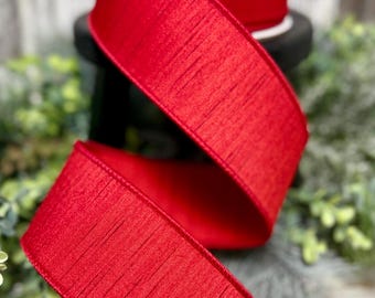 Cinta, Cinta para coronas, Cinta de diseño, Cinta de 2,5", Cinta Farrisilk, Cinta con alambre, Suministros para coronas, 10 yardas, Seda brillante en rojo
