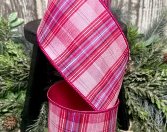 Ribbon, Ribbon for wreaths, Designer ribbon, 4” ribbon, Candy Shop Plaid deluxe ribbon, fuchsia/pink ribbon, wreath supplies, 5 yards