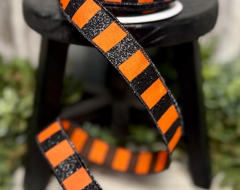 Narrow ribbon, 7/8"" ribbon, Halloween ribbon, glittered wired ribbon, wreath supplies, black/orange glitter ribbon, 10 yds