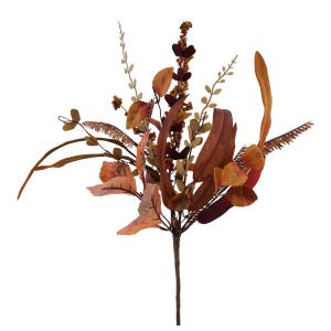 May include: A faux floral arrangement featuring a variety of autumn-toned leaves, berries, and sprigs. The color palette includes shades of brown, orange, and green, creating a warm and natural aesthetic. The stem is a dark brown color.
