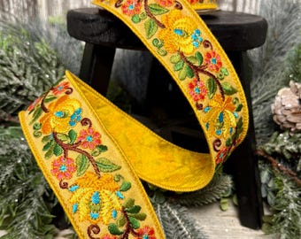 Spring Ribbon, Farrisilk Ribbon, 1.75" ribbon, Forest Floral in Yellow, embroidered ribbon, wreath supplies, Easter/Spring ribbon