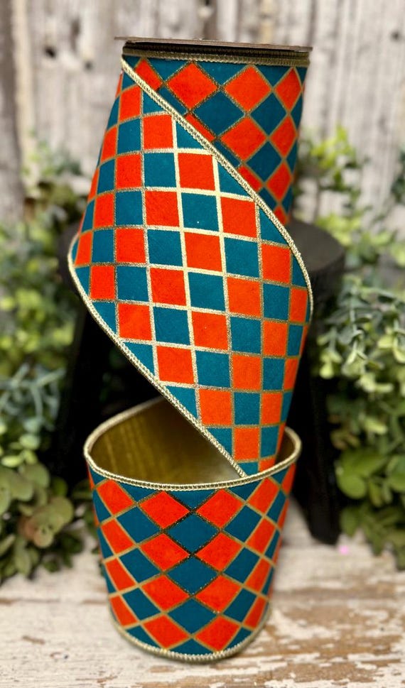 Harlequin ribbon, Ribbon for wreaths, Designer ribbon, 4" ribbon, Diamond ribbon, Spring ribbon, Turquoise/Teal and Orange harlequin