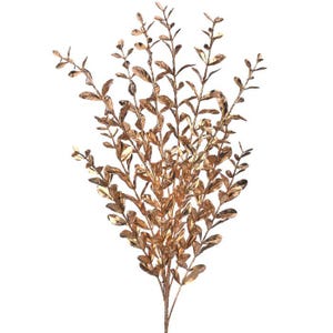 May include: A decorative artificial plant spray featuring multiple thin, branching stems covered in small, oval-shaped leaves with a metallic copper finish. The stems converge at a single base, creating a tall, upright, and symmetrical arrangement.