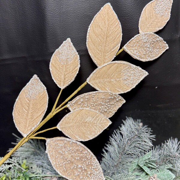 Champagne velvet leaf stem, Florals for Christmas, Wreath florals, Winter greenery, Pearls on champagne velvet, Christmas Tree leaf spray