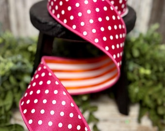 Spring Ribbon, Ribbon for wreaths, Designer ribbon, 2.5" ribbon, Polka dot striped ribbon, luxury ribbon, hot pink orange