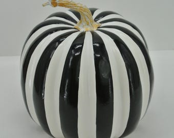 Halloween pumpkin, wreath attachment, Black and white striped pumpkin, Halloween decor, Black and white stripe pumpkin, 7.5"