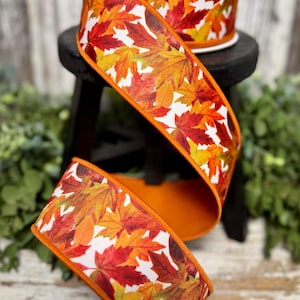 Fall ribbon, Ribbon for wreaths, Designer ribbon, 2.5", Fall Leave Fused ribbon for fall, ivory/red/yellow/orange fall leaves ribbon