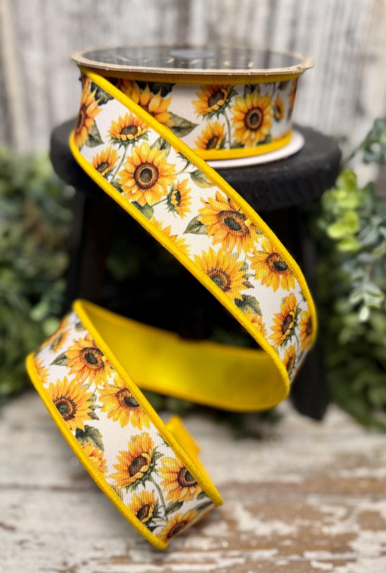 Sunflower Ribbon Spool Sunflower Ribbon, Ribbon for Wreaths, Designer Ribbon, 1.5