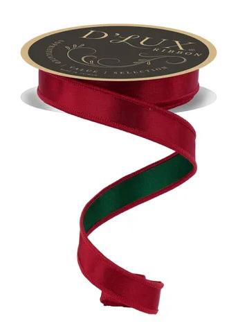 Red and Emerald Satin Ribbon, Ribbon for Wreaths, 7/8