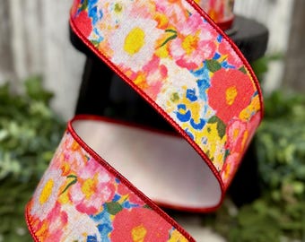 Spring ribbon, 10 YDS, Ribbon for wreaths, designer ribbon, 2.5" ribbon, Dupioni ribbon, Flowers Colors Deluxe, Fuchsia