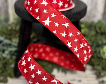 Gleaming Stars, Patriotic Ribbon, Ribbon for wreaths, Designer ribbon, 1.5", Farrisilk ribbon, Fourth of July, gleaming stars in red, 10 yd