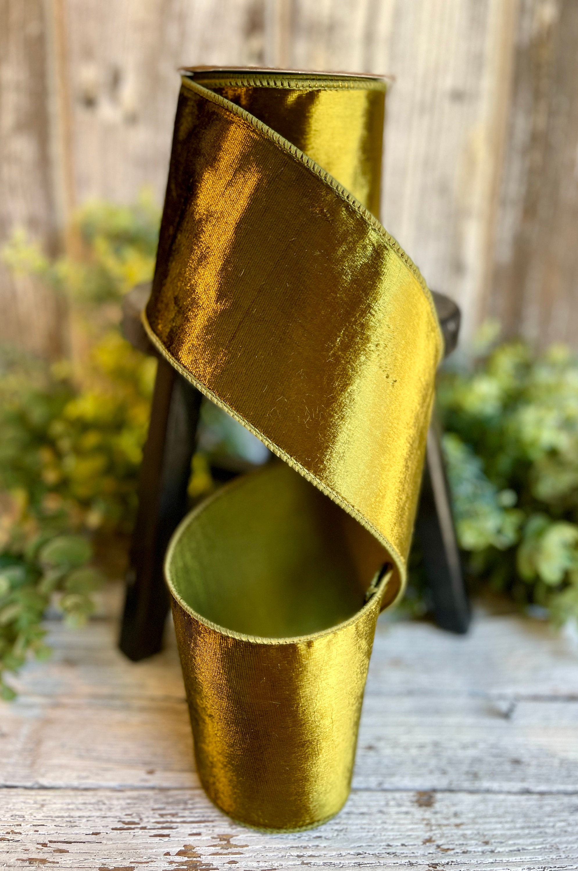 Olive plush velvet ribbon, Ribbon for wreaths, 4" ribbon, Christmas ribbon, wired ribbon, wreath supplies, velvet ribbon