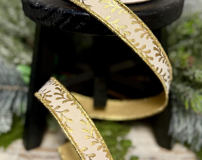 Gold Designer Ribbon Christmas Ribbon, Ribbon for Wreaths, Designer Ribbon, 7/8
