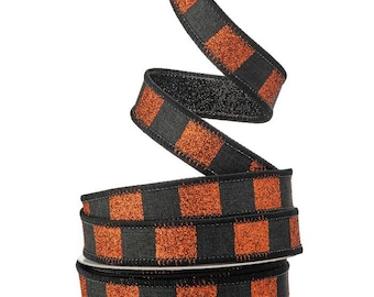 Halloween Ribbon, Designer ribbon, 1", plaid block ribbon, luxury ribbon, black orange ribbon, glitter plaid Halloween ribbon