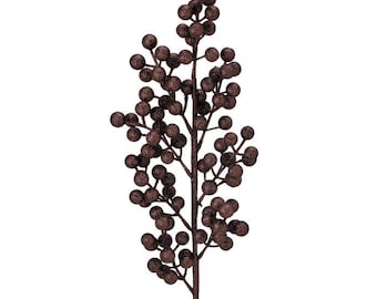 May include: A decorative artificial floral spray featuring a central brown stem with numerous branching twigs. Each twig is adorned with multiple small, round, dark brown berries that have a textured, glittery finish covering the entire surface.