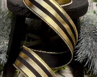 Cinta navideña, cinta para coronas, cinta de diseño, cinta de 3,8 cm (1,5"), cinta a rayas metálicas, cinta de lujo, cinta a rayas negras y doradas.