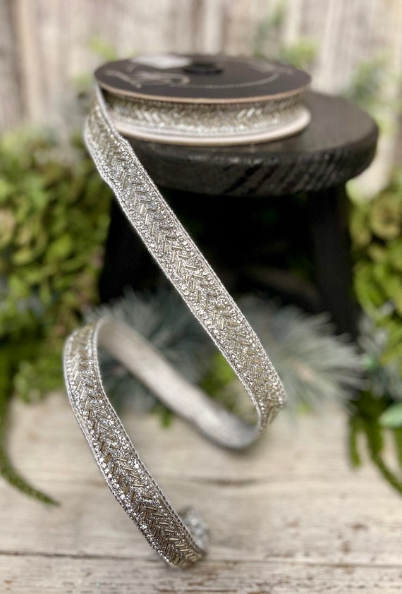 Jeweled Ribbon, Ribbon for wreaths, Designer ribbon, 3/4" ribbon, Farrisilk ribbon, Baguette jeweled ribbon, 5 yds Silver jeweled