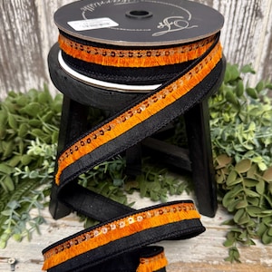 Halloween ribbon, Ribbon for wreaths, Farrisilk ribbon, 1" ribbon, Befrill ribbon, black ribbon with orange frills, orange/black, 10 YDS
