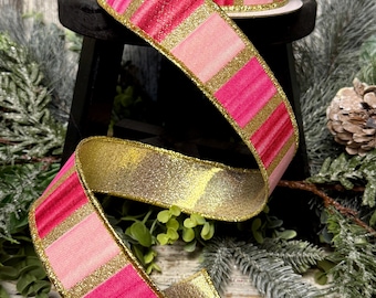 Ribbon for wreaths, 1.5" ribbon, Spring ribbon, glittered wired ribbon, wreath supplies, watercolor stripes fused, white/pink/fuchsia/gold