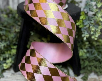 Ribbon for wreaths, Designer ribbon, 2-1/2" ribbon, Christmas ribbon, Farrisilk ribbon, Harlequin ribbon, 10 YD, Pink and gold foil diamonds