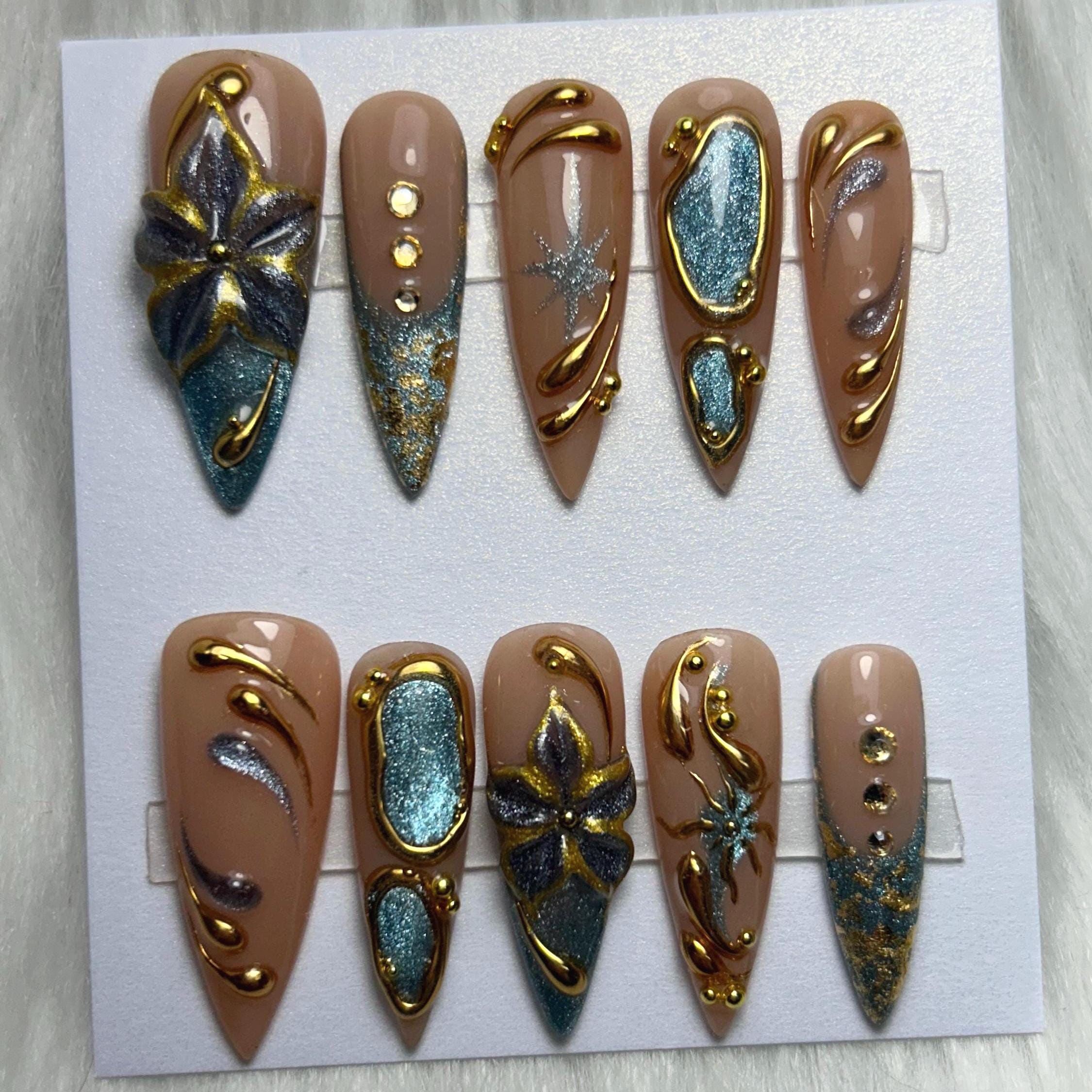 Gold & Blue Cat Eye Press On Nails with 3D flowers and pearl designs