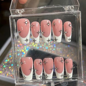 French tip with silver sparkling rhinestones Reuseable durable press on nails