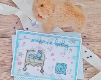 "Welcome Baby" card (blue version) for birth, pregnancy