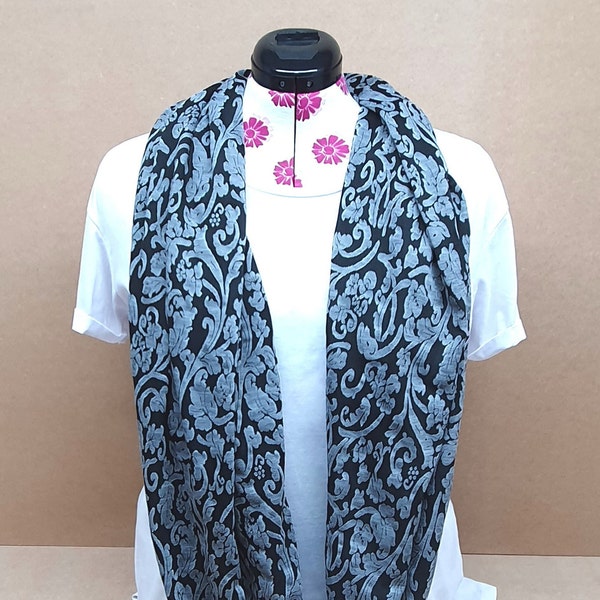 Long Black and Silver Infinity Scarf, Scarves for Women, Chiffon Scarf, Lightweight Scarf, Patterned Scarves, Scarves, Infinity Scarves