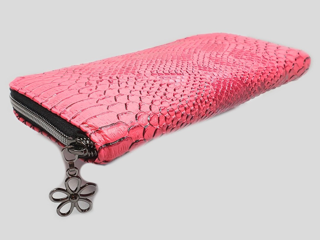 Pink Croc Faux Leather Zip Around Wallet, Wallet Purse, Zipped Purse ...