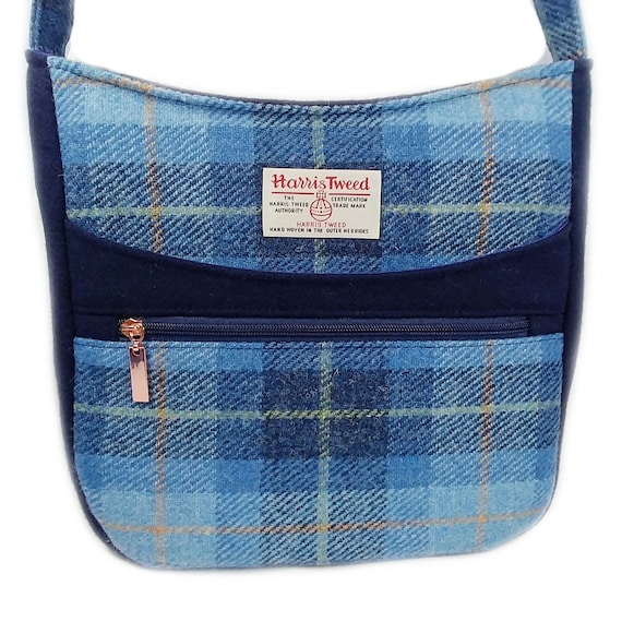 Small Canvas Messenger Bag With Harris Tweed in Blue Tartan