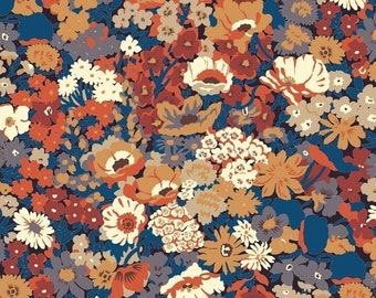 Véritable Tissu Liberty of London tana lawn, Thorpe , rouille ,fond bleu - 25 cm x 136 cm- (0.25yard x 54")