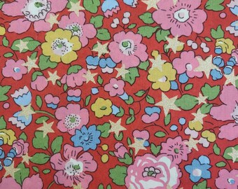 Genuine Liberty of London tana lawn fabric, Betsy christmas star lurex - pink flowers red background - 25 cm x 136 cm - (0.25yard x 54")