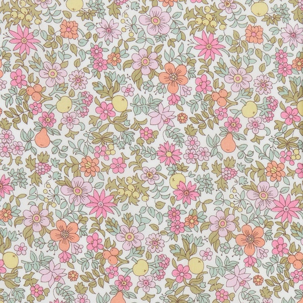 Genuine Liberty of London tana lawn fabric, Fruit Punch, pink and orange flowers, white background - 25cm*136cm-(0.25yard x 54")