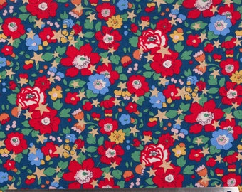 Véritable Tissu Liberty of London tana lawn, Betsy christmas star lurex- fleurs rouges fond bleu - 25 cm x 136 cm- (0.25yard x 54")