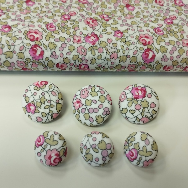 Lot boutons tissu liberty Eloise rose, diamètre en millimètre , lot de 3 boutons de  15mm ou 20mm