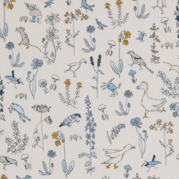 Genuine Liberty of London fabric tana lawn, Theo, goose, mice, mushrooms, field flowers - 25 cm x 136 cm - (0.25yard x 54")