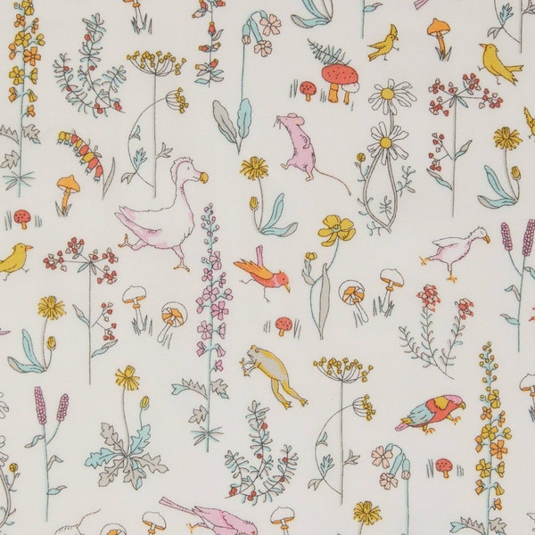 Genuine Liberty of London tana lawn fabric, Theo rose, goose, mouse, mushrooms, wildflowers - 25 cm x 136 cm - (0.25yard x 54")