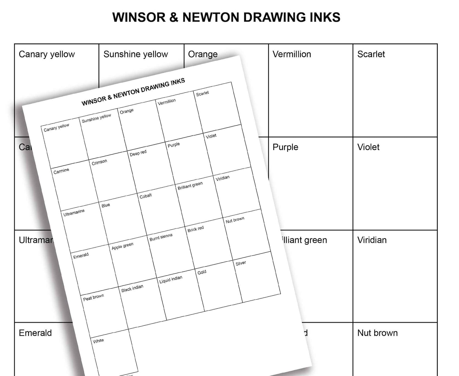 Blank Colour Chart for Winsor &amp; Newton Drawing Inks | Etsy Australia