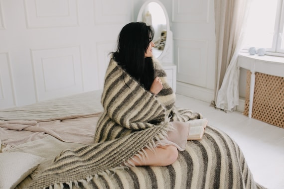 Gray Striped Blanket: 100% Undyed Wool