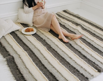 Handwoven Wool Rug: Thick Striped Scandinavian Area Rug