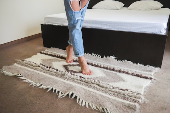 Scandinavian Wool Rug: Soft Rustic Floor Mat, Beige Nordic Rug
