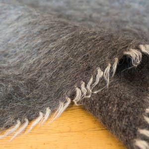 May include: Close-up of a dark gray and white fuzzy blanket with a frayed edge.