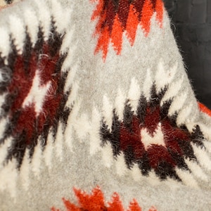 May include: A soft, gray, white, red, and black patterned throw blanket with a fuzzy texture.