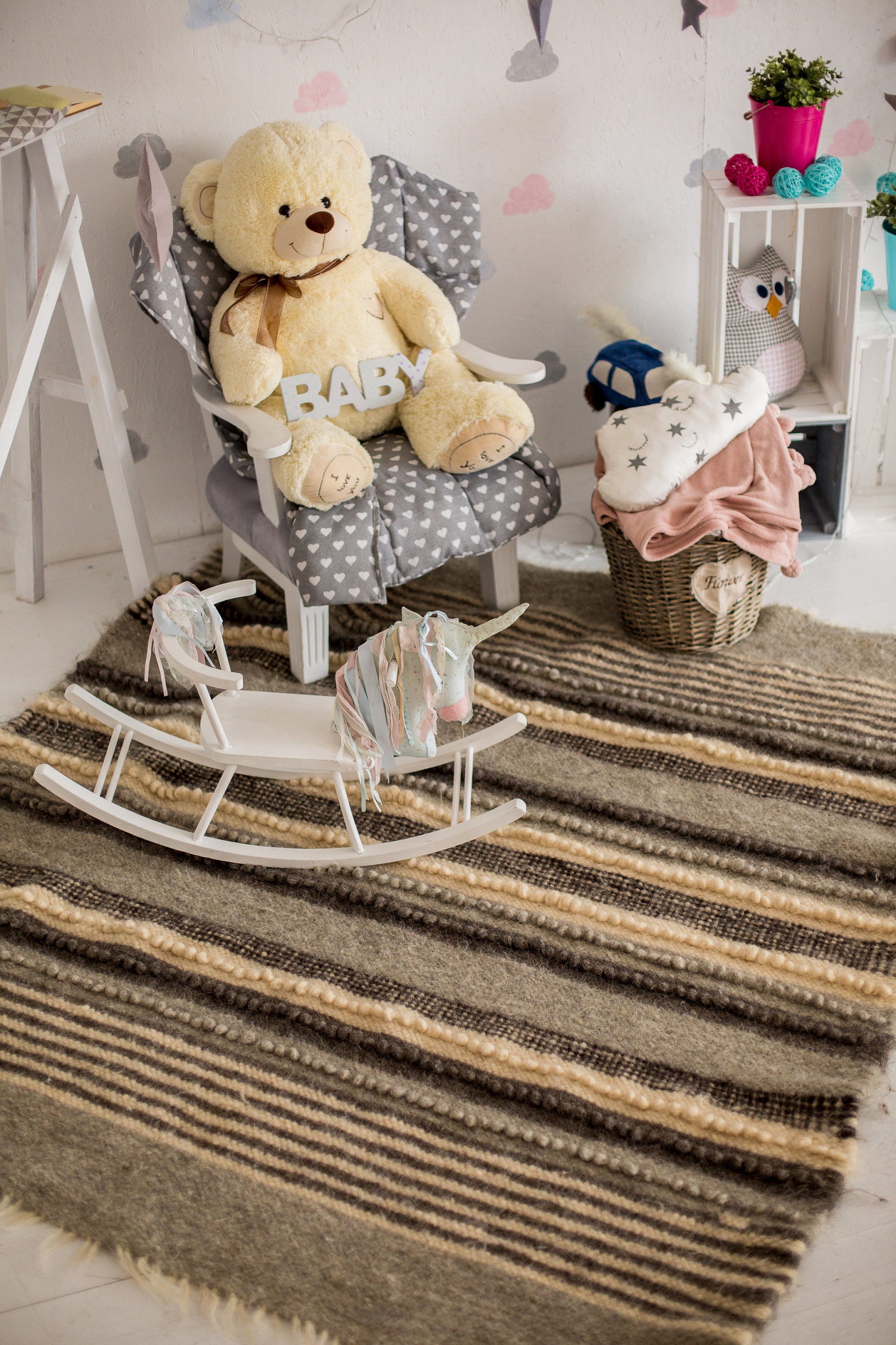 Wool Rug With Pom Pom Stripes. Carpet for Kids. Custom Sizes - Etsy